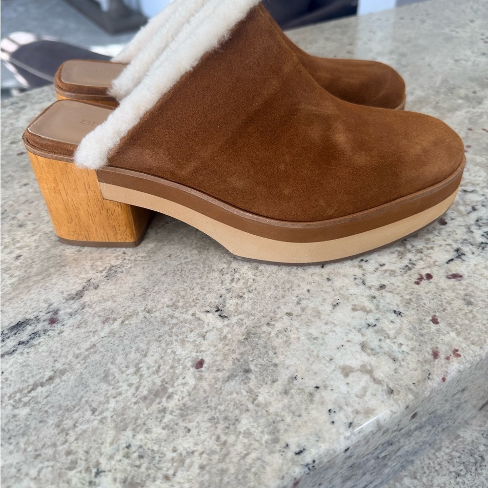 Bernardo Brown Suede Mules with Cream Trim